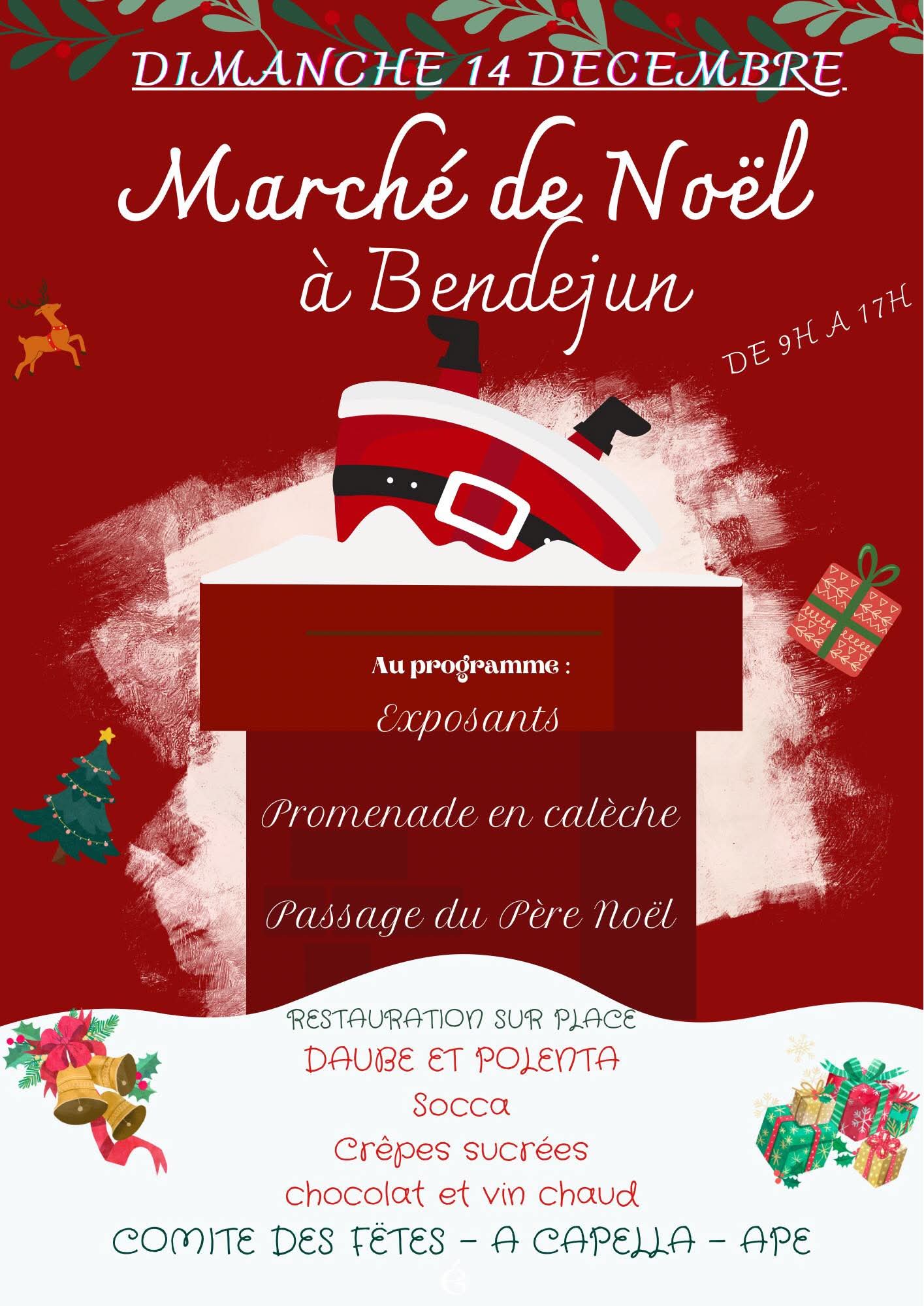 Marché de Noël de Bendejun avec chalets décorés et illuminations festives